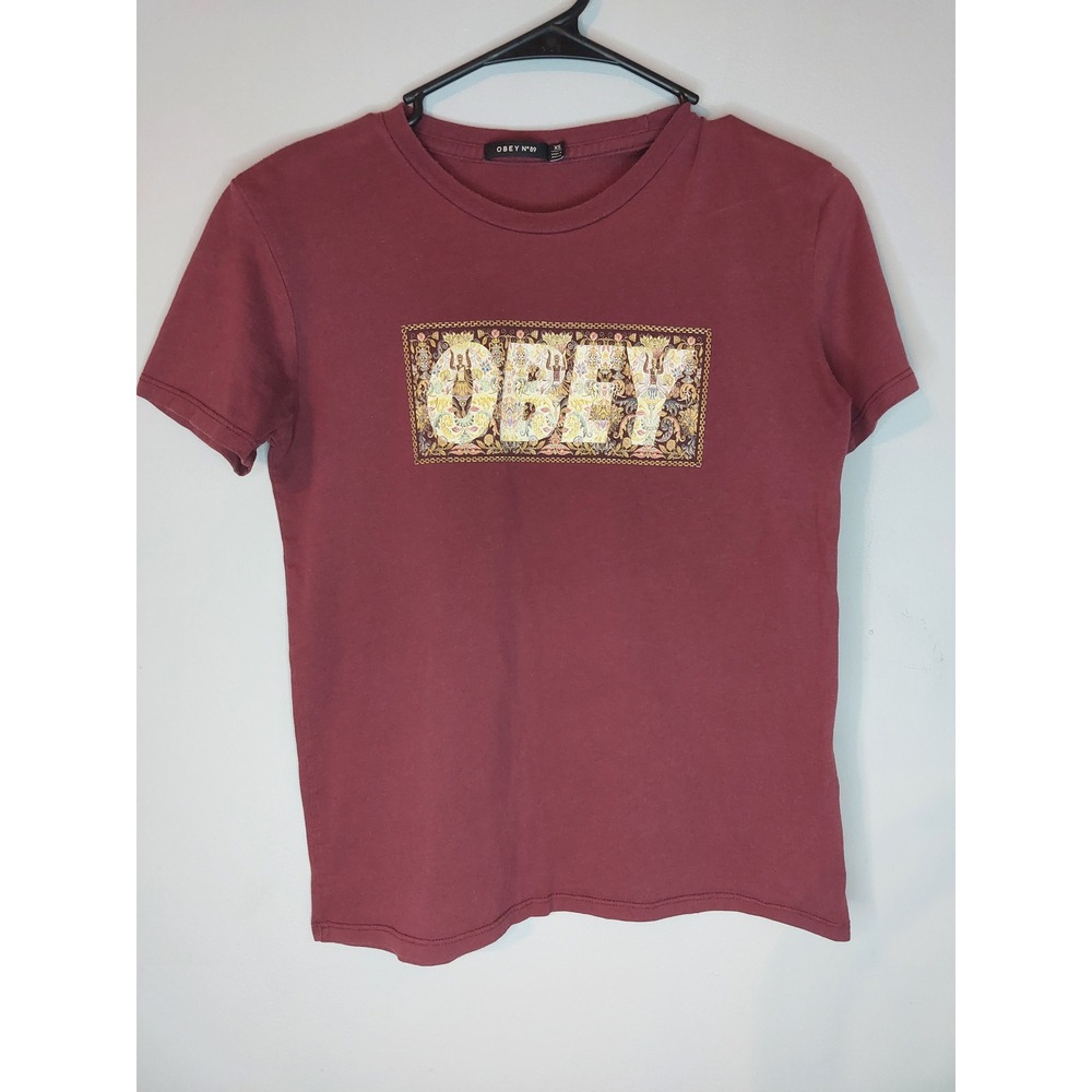 Obey Graphic Tee Artistic Design Short Sleeve Top Burgundy‎ XS